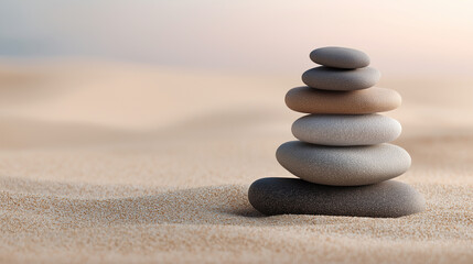 Smooth balanced stones on beige sand surface, soft light, minimalist zen composition,