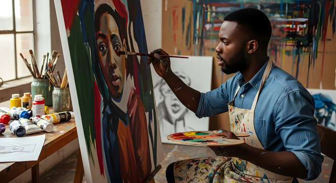 Artist painting portrait african american man in studio fine art canvas creative expression artistic skill