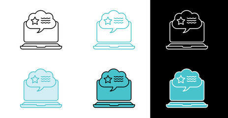 Laptop with chat bubble and star icon for online feedback and customer review in line and fill style