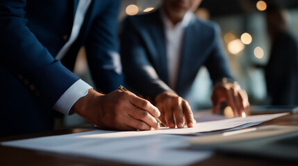 Faceless financial management team discussing around table with documents defocused office background analyzing financial strategy plans collaborative consultation professional