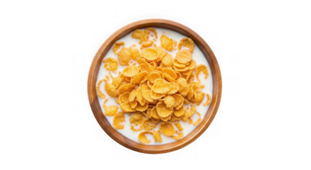 Top view of corn flakes with milk in wooden bowl isolated on transparent background