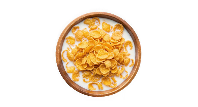 Top view of corn flakes with milk in wooden bowl isolated on transparent background