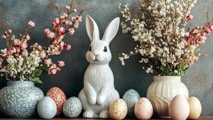 Colorful Easter decorations with ceramic bunnies and floral arrangements in soft natural light