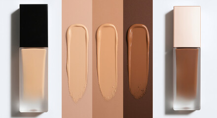 A diverse palette of liquid foundation shades from light to dark. Cosmetic makeup swatches and product bottles on a multi-toned background