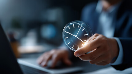 Time management visualization on screen with clock icons faceless businessman's hands working defocused office background project planning business concept scheduling