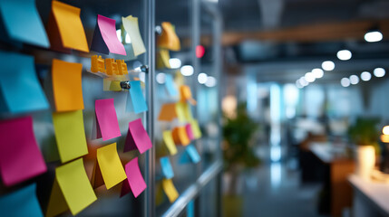 Kanban wall with colorful sticky notes and progress indicators faceless workspace view defocused collaborative office background agile project management team efficiency visual