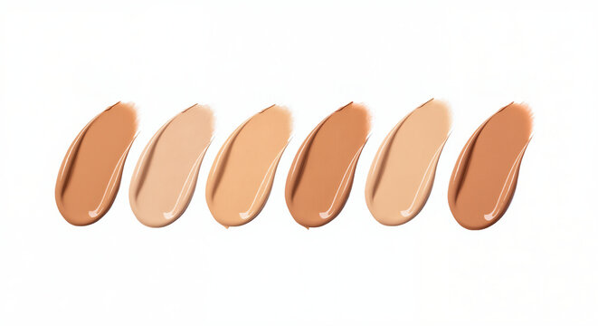 Swatches of liquid foundation in a range of shades for different skin tones. Cosmetic cream concealer palette isolated on a white background. Beauty product concept