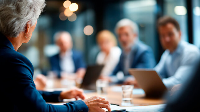 Faceless international executive team having board meeting defocused office meeting room background diverse employees group working with senior leader brainstorming session