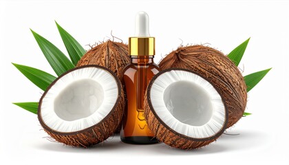 Coconut oil bottle with fresh coconuts and green leaves arranged on white.