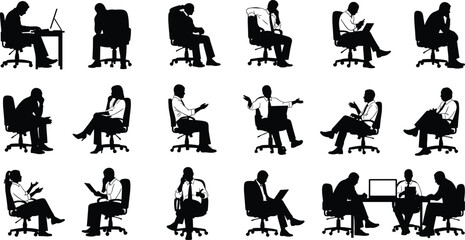 Office, chair, silhouette, posture, sitting, people, ergonomic, workplace, business, pose, black, white, grid, collection, body language, professional, corporate, human, activity, seated