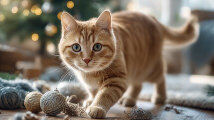 A ginger cat with blue eyes walks across a wooden floor amidst New Year's decorations. Toys, a Christmas tree, and a cozy holiday atmosphere.