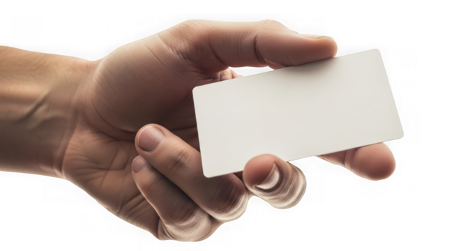 Hand holding blank business card isolated on transparent background, mockup