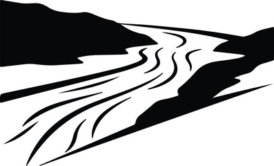 Illustrator River winding through mountains landscape black and white Silhouette vector