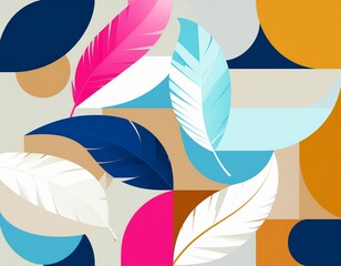Abstract pattern of colorful feathers and geometric shapes.