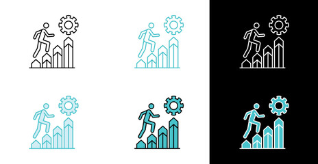 Person climbing bar chart icon for career development and performance improvement in line and fill style