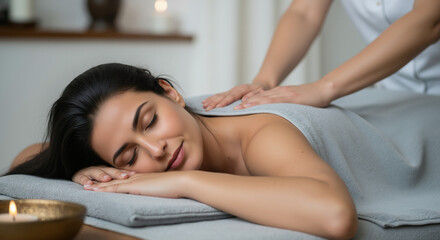 Fototapeta premium A relaxed woman receiving a back massage from a therapist in a spa. Professional body treatment for wellness and self-care. Beauty and cosmetology concept