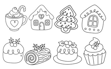 Christmas Desserts and Treats Vector Set | Cute Holiday Cake and Cookie Line Art