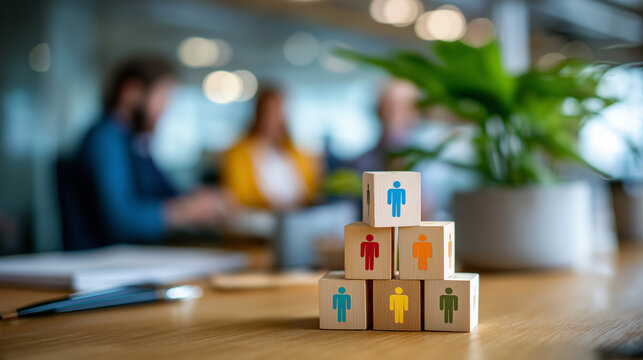 Tangram puzzle blocks with people icons arranged on wooden table faceless overhead composition defocused office background human resources and management concept team building