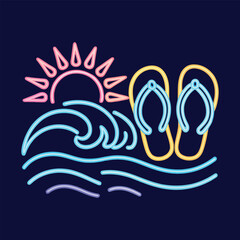 Neon summer beach illustration with flip flops, ocean waves, and sunrise light sign design