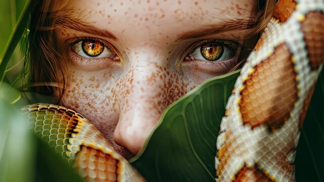 woman hugging snake portrait. Selective focus. animal.