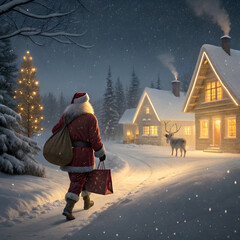 Santa's Snowy Christmas Eve Delivery in Festive Winter Village on transparent background