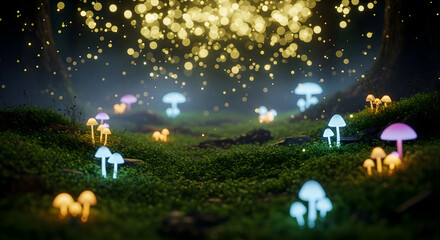 Enchanted Forest: Glowing Mushrooms and Fairy Lights, Mystical Mushroom Glade with Bioluminescent Fungi and Golden Bokeh