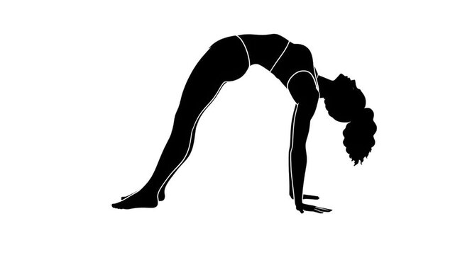 Dynamic silhouette of a woman in a powerful yoga backbend pose, embodying strength and flexibility for wellness content and fitness inspiration.