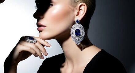 Obraz premium Elegant Woman Adorned With Exquisite Sapphire Diamond Jewelry Set Including Large Earrings and Ring