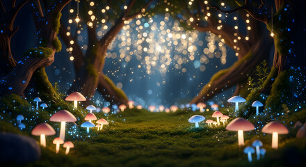 Enchanted Forest Path Illuminated by Glowing Mushrooms and Sparkling Lights, A Whimsical Scene of a Magical Woodland Landscape at Twilight