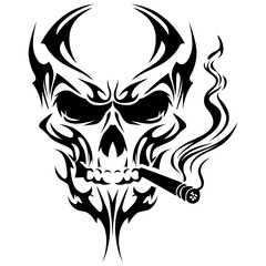 Obraz premium Vector Art Bold Skull with Cigar Design Symmetrical Tattoo Emblem Black and White Graphic Elements for Logos and Accessories