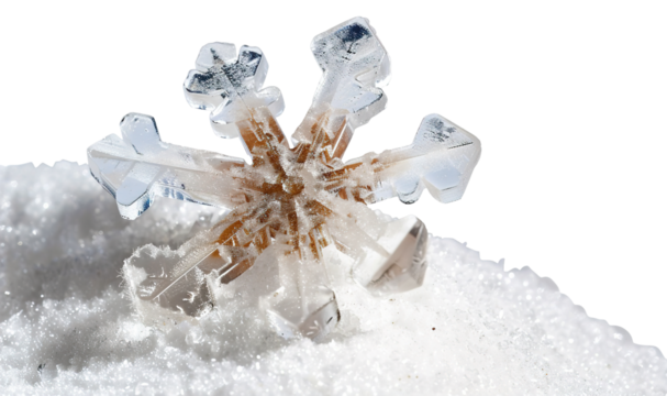 A snowflake crystal is highlighted on a surface of white snow, showcasing its unique geometric structure and delicate details, emphasizing the beauty of winter - Powered by Adobe