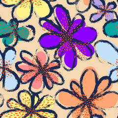 Seamless colorful pattern with chaotic grunge fllowers