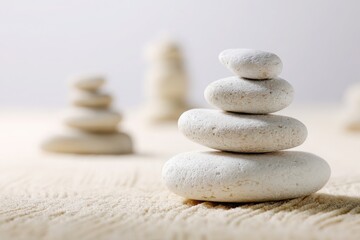 Balanced white stones stacked on rippled sand evoke tranquility and zen garden harmony