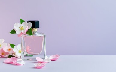 Clear glass perfume bottle pink liquid floral accents image