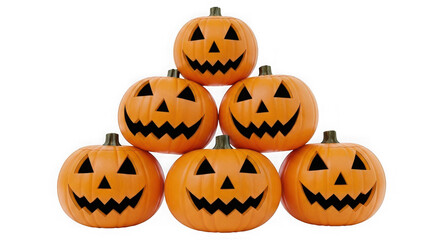 Group of six carved jackolanterns isolated on transparent background