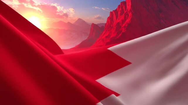 Abstract flag with red and white colors waving in the wind against a mountain range backdrop during sunset