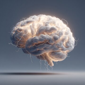 vector concept of human brain as a swirling storm with lightning inside, outer face calm and neutral, symbol of hidden anxiety, soft cinematic color tone, v7 hyper-realistic art 