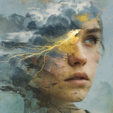half face portrait, one side peaceful pastel light, other side chaotic thunderstorm inside the mind, conceptual emotion balance, minimalist surreal illustration, v7 fine art realism 