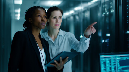 Futuristic data center scene with two professional women collaborating in a high-tech control room. An Asian AI specialist and a Caucasian data scientist stand near glass walls ove