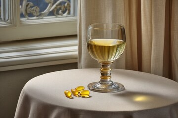 A glass of golden liquid with soft gel capsules on a round draped table near a window