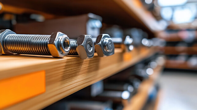 metallic screws and bolts in organized rows on store shelves, clean and modern retail design