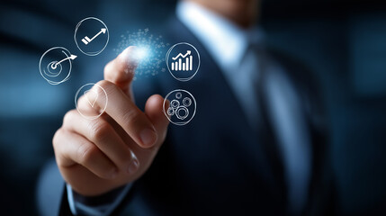 Fototapeta premium Management vision action planning visualization with icons faceless business composition defocused corporate background success team business concept strategic planning element