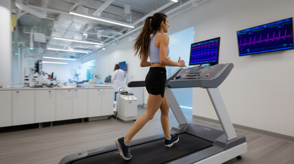 A modern sports science laboratory where a female athlete performs a cardiopulmonary exercise test on a treadmill while being monitored by a medical professional. The lab features