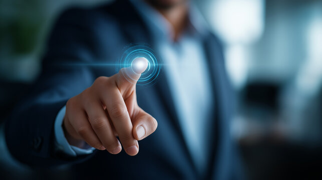 Asset management business technology button on virtual screen faceless businessman's hand interacting defocused office background internet concept visualization professional