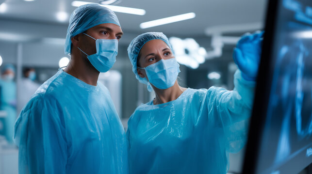 A high-tech surgical operating room where a male and female surgeon in blue sterile gowns and masks analyze medical scans on a large digital touchscreen monitor. The atmosphere is