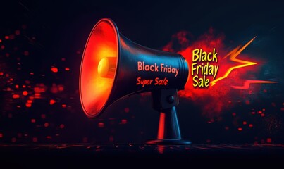 Black Friday super sale promotion with megaphone illustration on a dark background, featuring vibrant lightning effects and bold red typography