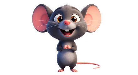 Adorable cartoon mouse with big ears isolated on transparent background smiles happily