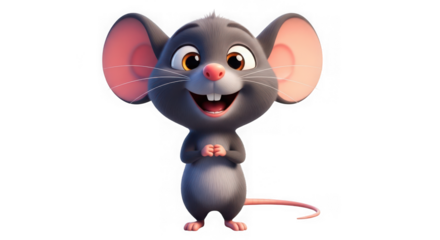 Adorable cartoon mouse with big ears isolated on transparent background smiles happily