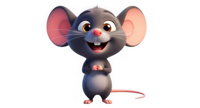 Adorable cartoon mouse with big ears isolated on transparent background smiles happily