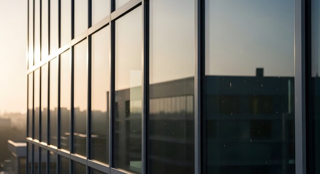 Modern Architecture: Glass Facade at Sunset - Powered by Adobe